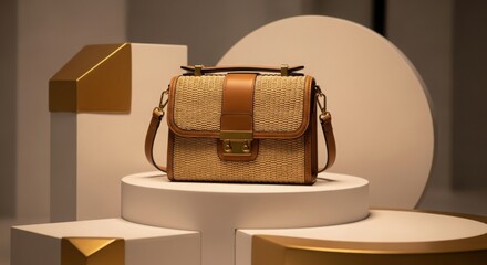 Woven straw crossbody bag with tan leather accents and gold hardware displayed on geometric pedestals