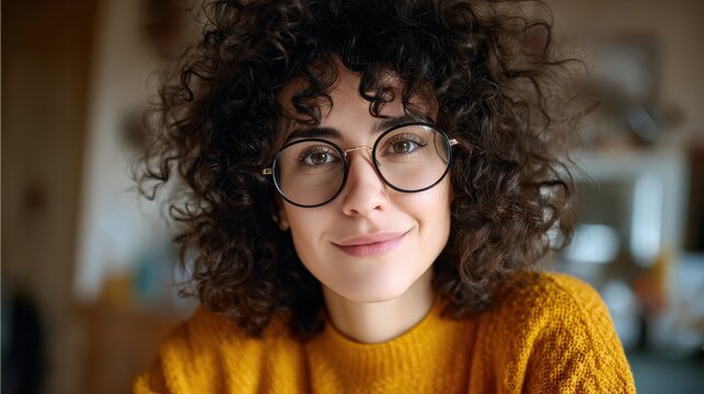 close up portrait of curly female adult has charming smile curly dark hair wears big glasses satisfied as finished domestic work earlier being successful designer or architect has talent no logos no - Powered by Adobe