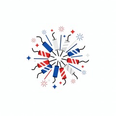 Fototapeta premium Exploding bundle of red, white, and blue firecrackers with sparks and fireworks, representing patriotic celebrations like American Independence Day on a white background