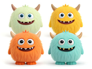 Fototapeta premium Group of four colorful furry monsters with horns and big smiles standing on a white background surface