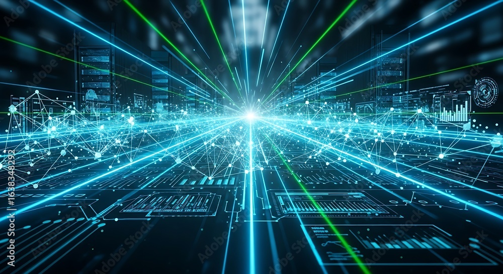 Poster abstract digital network with glowing lines and connections in a futuristic cityscape view