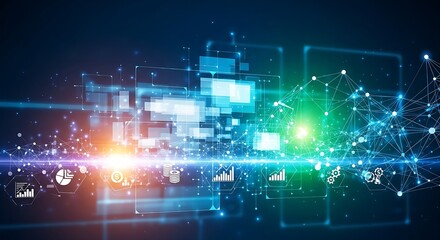 Abstract network background with data visualization and glowing light effects displayed clearly