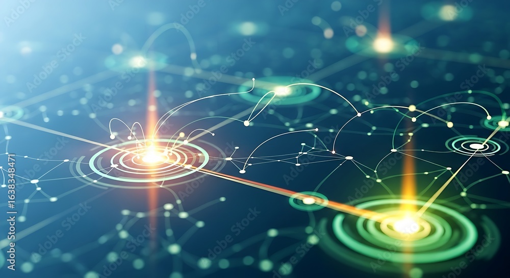 Aufkleber abstract network illustration with glowing nodes and interconnected lines on blue background