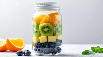 Fruit mix stacked in transparent container, ideal for nutrition promotions and minimalist kitchen themes