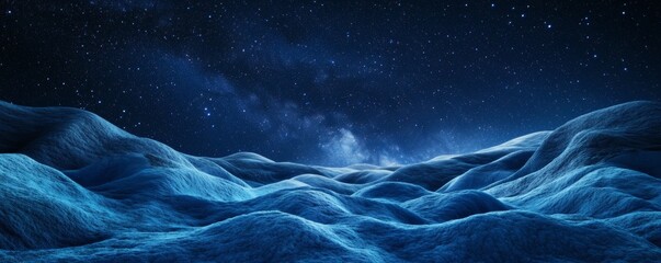 A celestial landscape featuring undulating terrain under a starlit sky