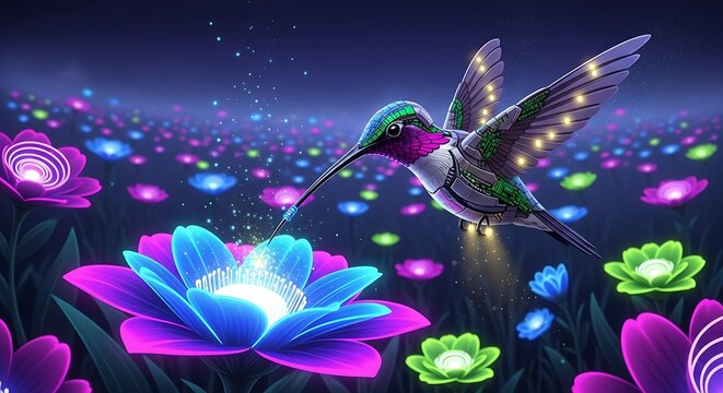 Robotic hummingbird feeding on a glowing flower in a field of colorful illuminated blossoms at night