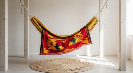 Yellow hammock with colorful geometric patterned blanket hanging indoors image