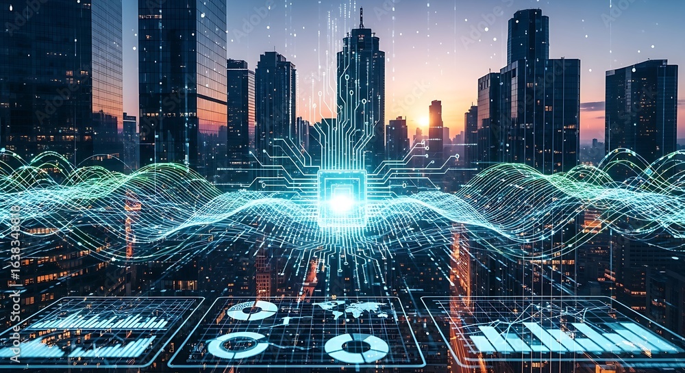 Poster futuristic city skyline with digital overlay of data streams and circuit board connections visible