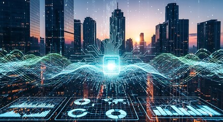 Futuristic city skyline with digital overlay of data streams and circuit board connections visible
