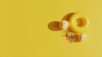 Yellow inflatable ring and striped balls with colorful beads on a bright yellow background beach ball
