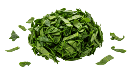 A vibrant pile of freshly chopped spinach leaves, isolated on transparent background, showcasing its nutritional value and culinary versatility in a healthy diet