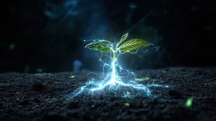 Illuminated seedling emerging from earth, ideal for biotech advertisements and environmental campaigns