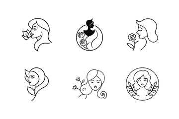 Six Minimalist Line Art Logos of Women Interacting with Flowers and Leaves woman
