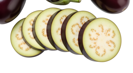 A stack of fresh eggplant slices isolated on transparent background, showcasing their vibrant purple color, smooth texture, and healthy, nutritious qualities