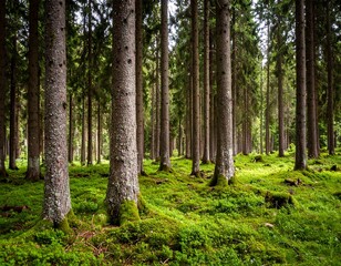 Lush forest floor with tall trees