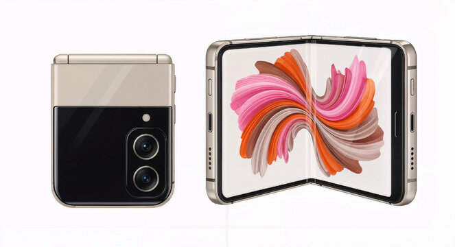 Modern foldable smartphone shown open and closed on a clean white background - Powered by Adobe