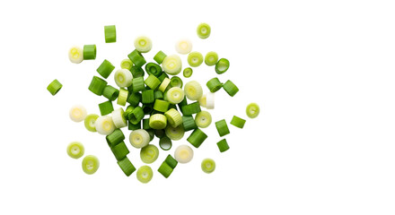 Overhead view of freshly sliced green onions isolated on transparent background, showcasing vibrant colors, intricate textures, and culinary appeal for healthy cooking and flavorful dishes
