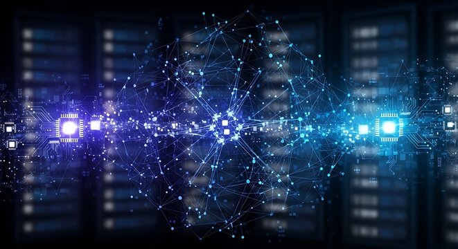 Abstract network connection with server racks and glowing blue circuit boards design concept