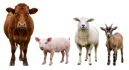 A group of diverse farm animals including a cow, pig, sheep, and goat standing together in a row on a white background.