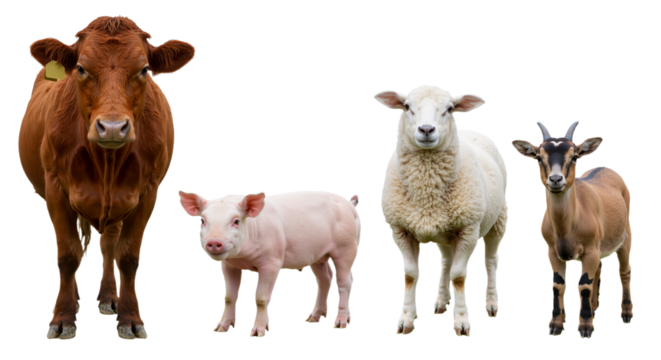 A group of diverse farm animals including a cow, pig, sheep, and goat standing together in a row on a white background.