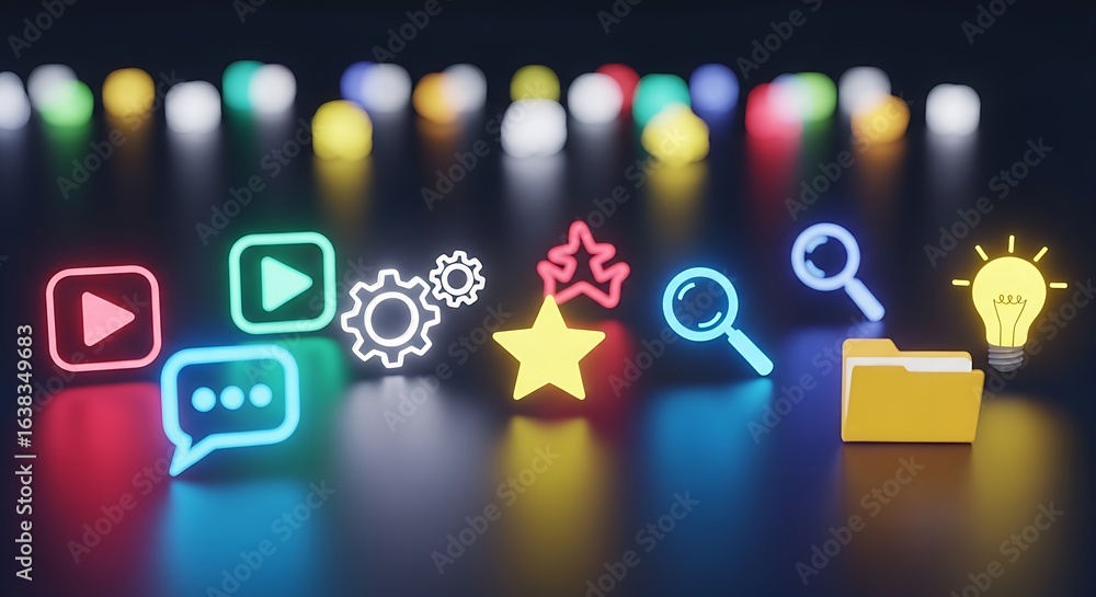 Poster Glowing icons representing different functions on a dark background with bokeh lights above them