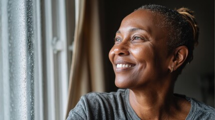 Fototapeta premium happy african mature woman standing near window while looking outside cheerful mid adult woman looking through the window at home with a big smile smiling black lady standing and laughing no logos no