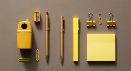 Yellow office supplies arranged neatly on a gray background stationery pens