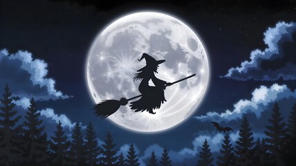 Witch flies on her broom in front of the full moon on Halloween night