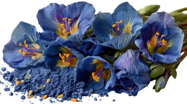 Blue Flora: A macro shot captures a cluster of vivid blue flowers, delicate petals unfurling to reveal their inner golden core.