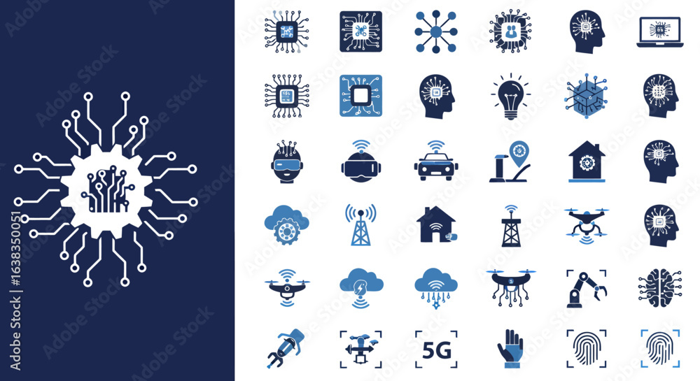 Poster a comprehensive vector set showcasing various aspects of modern technology, including artificial int