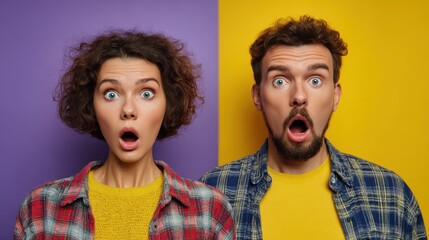 oh my god portrait of shocked stunned female and male popping eyes at camera learn terrible news pose in stupor dressed in casual outfit feel impressed isolated on yellow and purple wall no logos no 