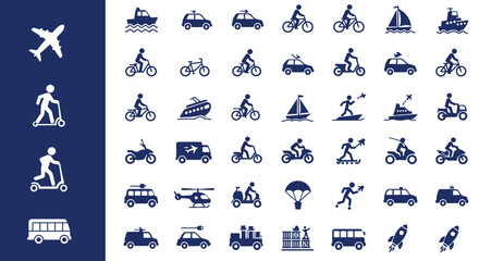 A collection of transportation icons, including cars, boats, bikes, buses, and airplanes, rendered in a clean, minimalist vector style suitable for various design applications.