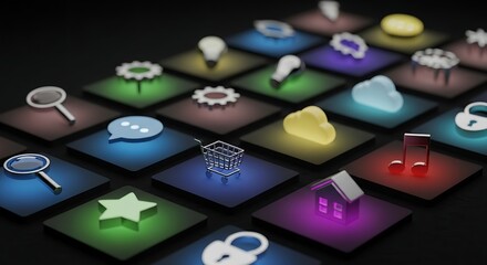A grid of illuminated app icons on square tiles with shopping cart and house prominent in the scene