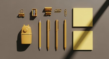 Yellow stationery arranged on a grey surface with dramatic shadows office supplies desk