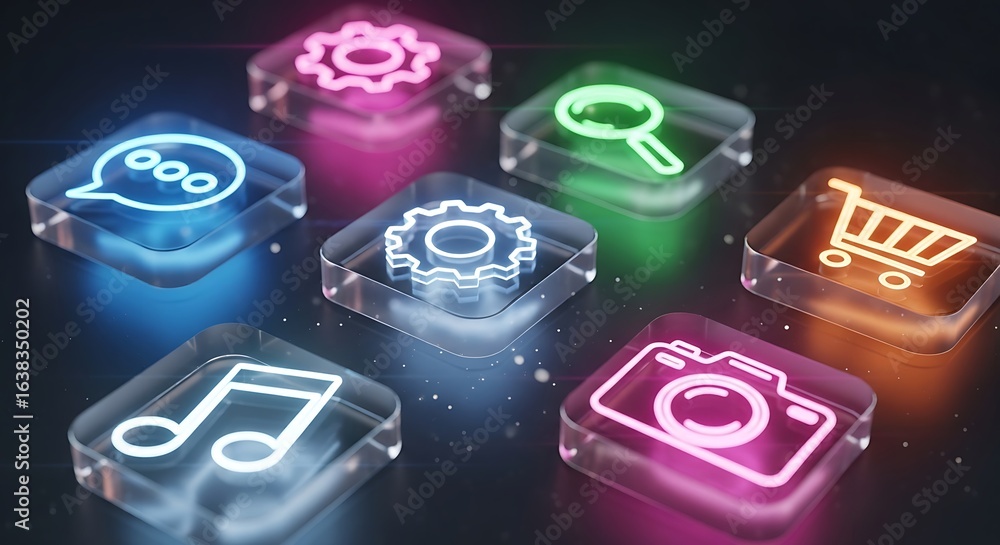 Poster glowing app icons on glass squares representing various functions and applications on a dark backgro