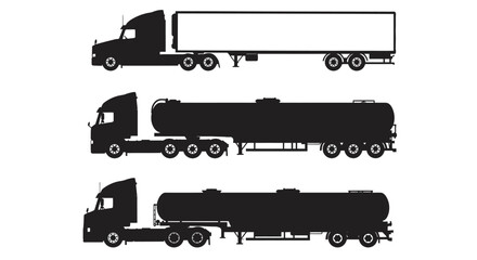 A collection of vector silhouettes showcasing various types of semi-trucks, including a tanker and a cargo trailer, perfect for transportation and logistics-themed designs, available as a png.