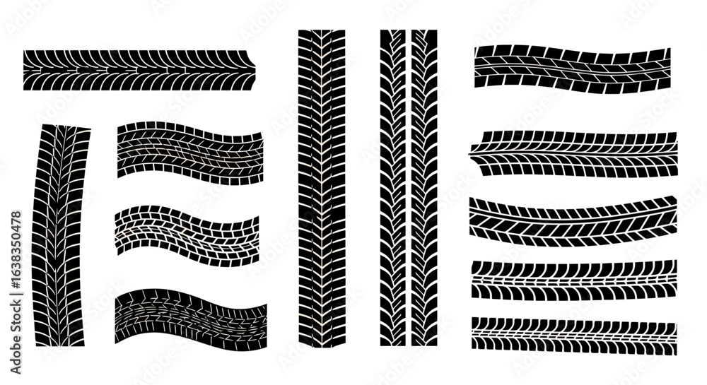 Poster collection of diverse black tire tracks and tread patterns, rendered as clean vector graphics on a t