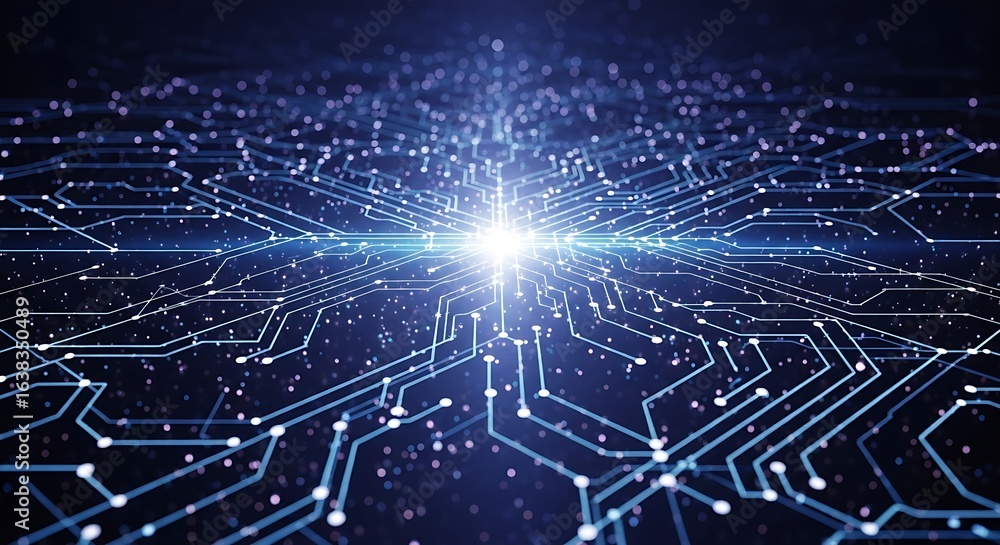 Poster illuminated circuit board with glowing center and connecting lines on dark blue background