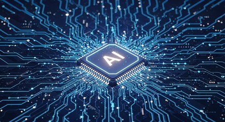 Glowing ai chip at the center of a complex blue digital circuit board representing artificial intelligence and technology