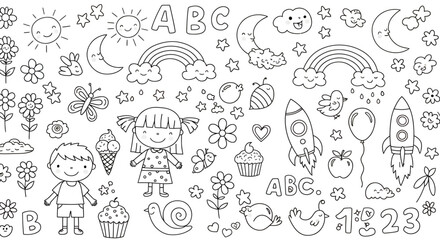 Vector PNG illustration of cute children, stars, rainbows, and other elements perfect for kids' designs, coloring books, or educational materials.  Download this whimsical, hand-drawn style artwork