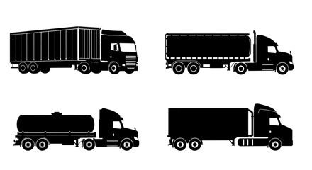 A collection of four black silhouette vector illustrations of various semi-trucks, showcasing different cargo configurations, perfect for transport and logistics-themed graphic design projects.