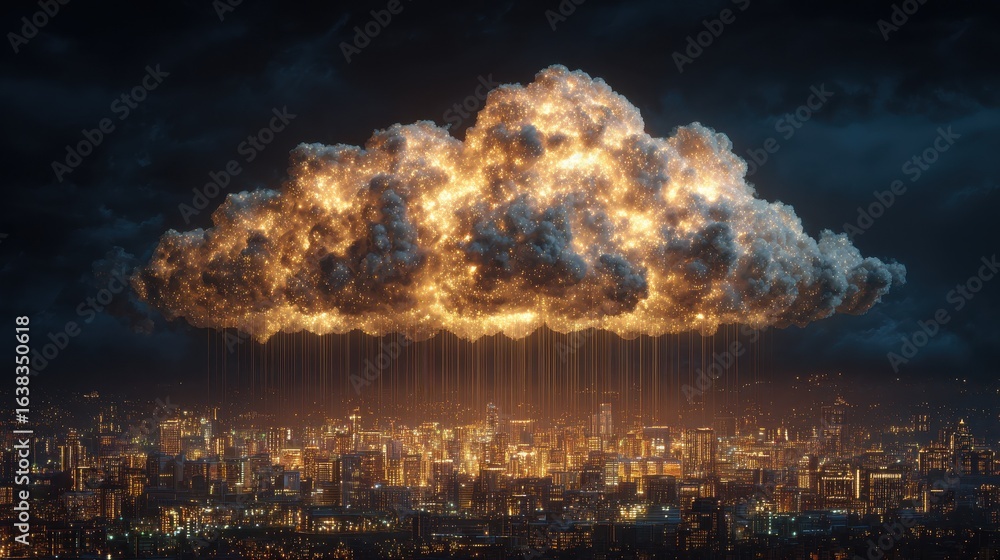 Poster creative glowing cloud hologram on illuminated night city backdrop cloud computing and database conc