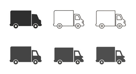 A set of six different delivery truck vector graphics in various styles, including solid black, outline, and grayscale, perfect for transport and logistics projects.