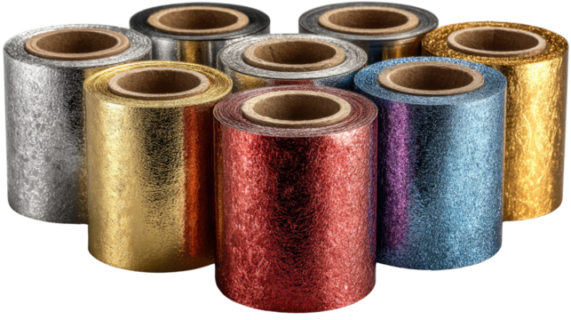 Metallic foil rolls: A vibrant display of assorted metallic foil rolls showcasing a spectrum of colors and textures. Perfect for crafting, design, and adding a touch of elegance and shimmer.