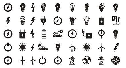 This comprehensive collection features black vector icons representing diverse aspects of electricity, energy, and sustainable power on a clean white backdrop.