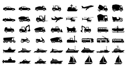 Fototapeta premium A collection of various vehicle silhouettes, including cars, trucks, boats, and aircraft, presented in a clean, vector-based PNG format, ideal for transportation-themed designs and projects.