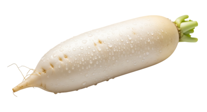 A crisp and fresh white daikon radish, isolated on transparent background, highlighting its natural texture, healthy root, and organic ingredient for a balanced and nutritious diet