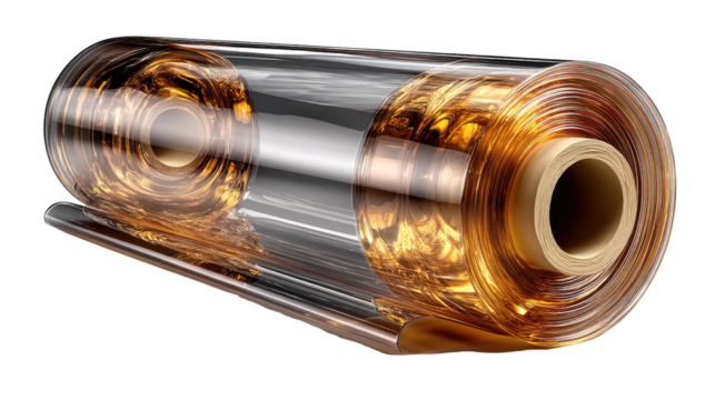 Roll of Clear Film: A studio shot showcases a roll of clear plastic film, ideal for packaging and wrapping purposes.