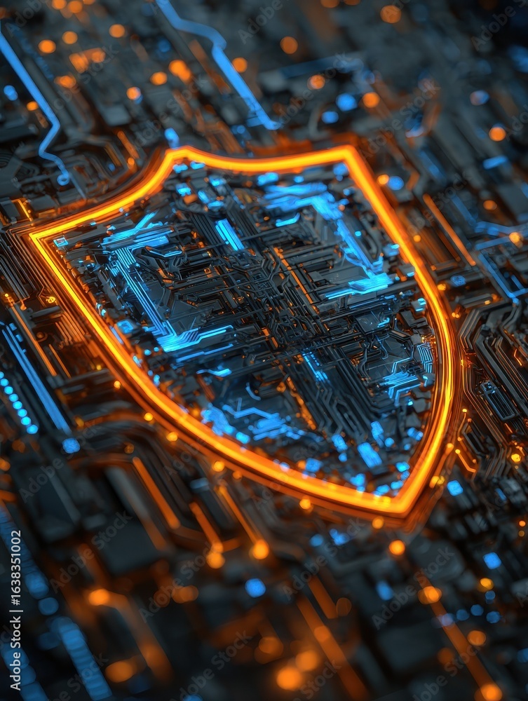 Aufkleber cybersecurity shield a digital shield glows with vibrant blue and orange hues symbolizing robust pro