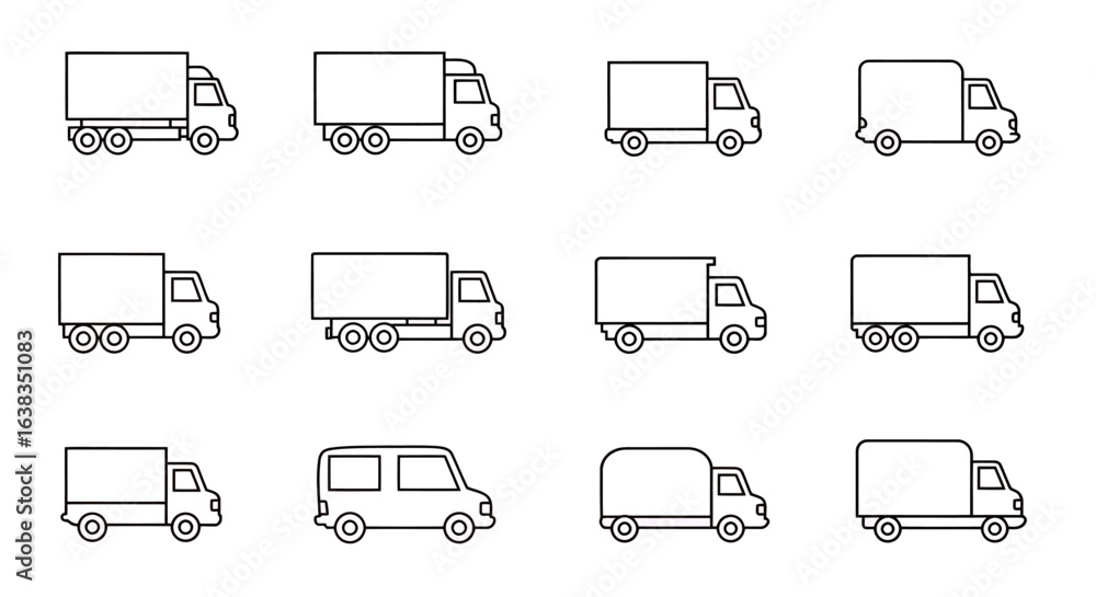 Aufkleber a diverse collection of minimalist line art vector icons showcasing different types of delivery truc